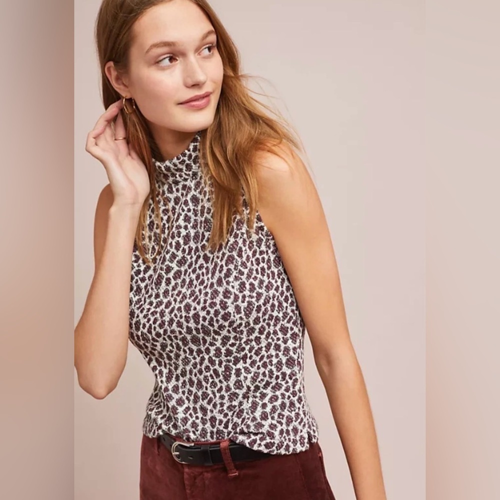 Anthropologie Akemi + Kin Leopard Mock Neck Sleeveless Knit Top Burgundy XS